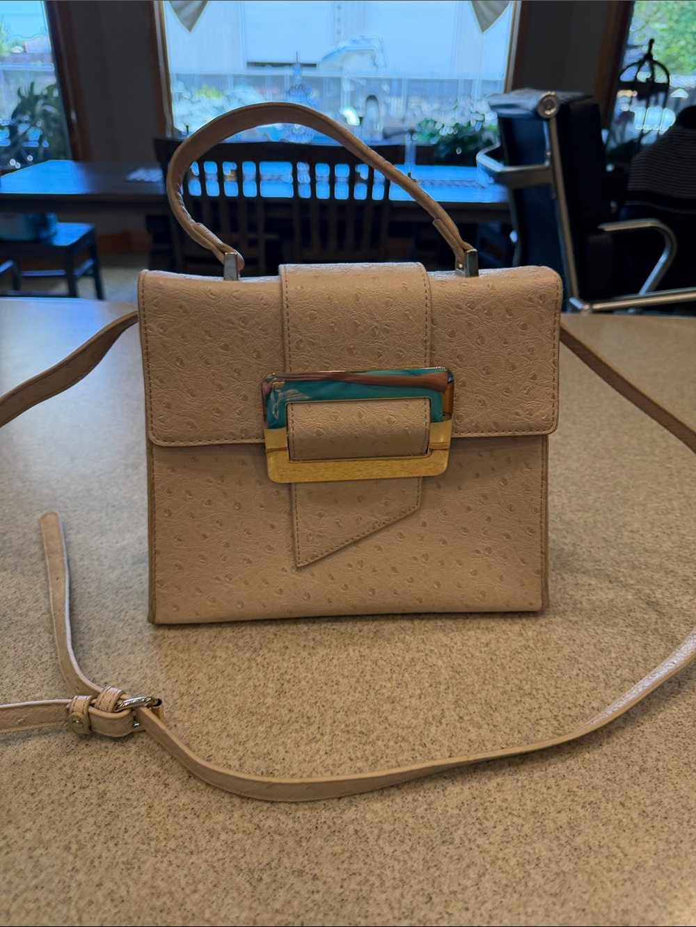 Crossing Vegan Leather Beige Structured Top-Handle Crossbody Bag w/ Gold Buckle - Picture 1 of 9